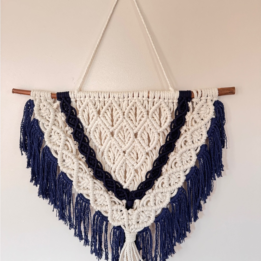 Blue and Cream Tapestry Wall Decor with Intricate Patterns
